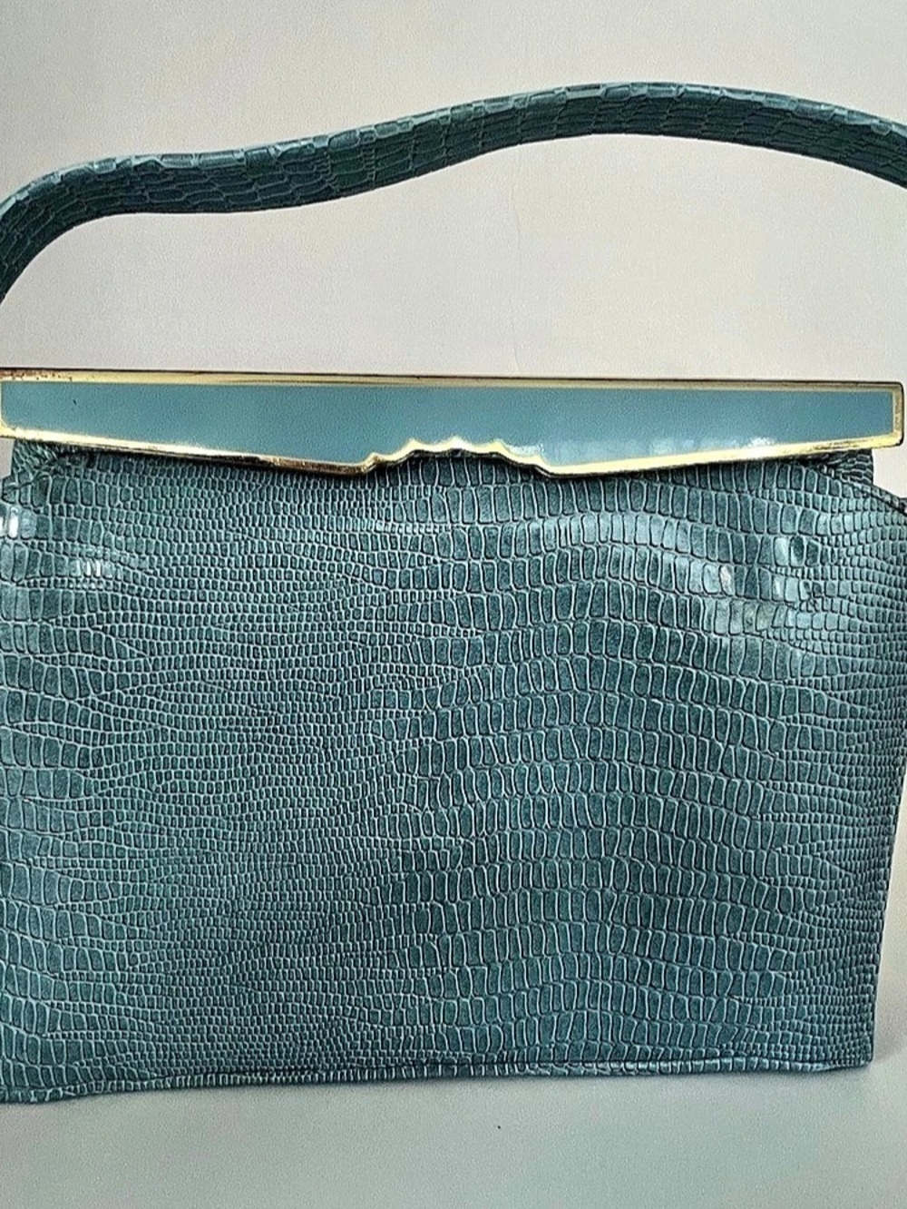 Vintage Meyers Handbag Blue Faux Lizard Gold Frame Made in USA 1950s 60s